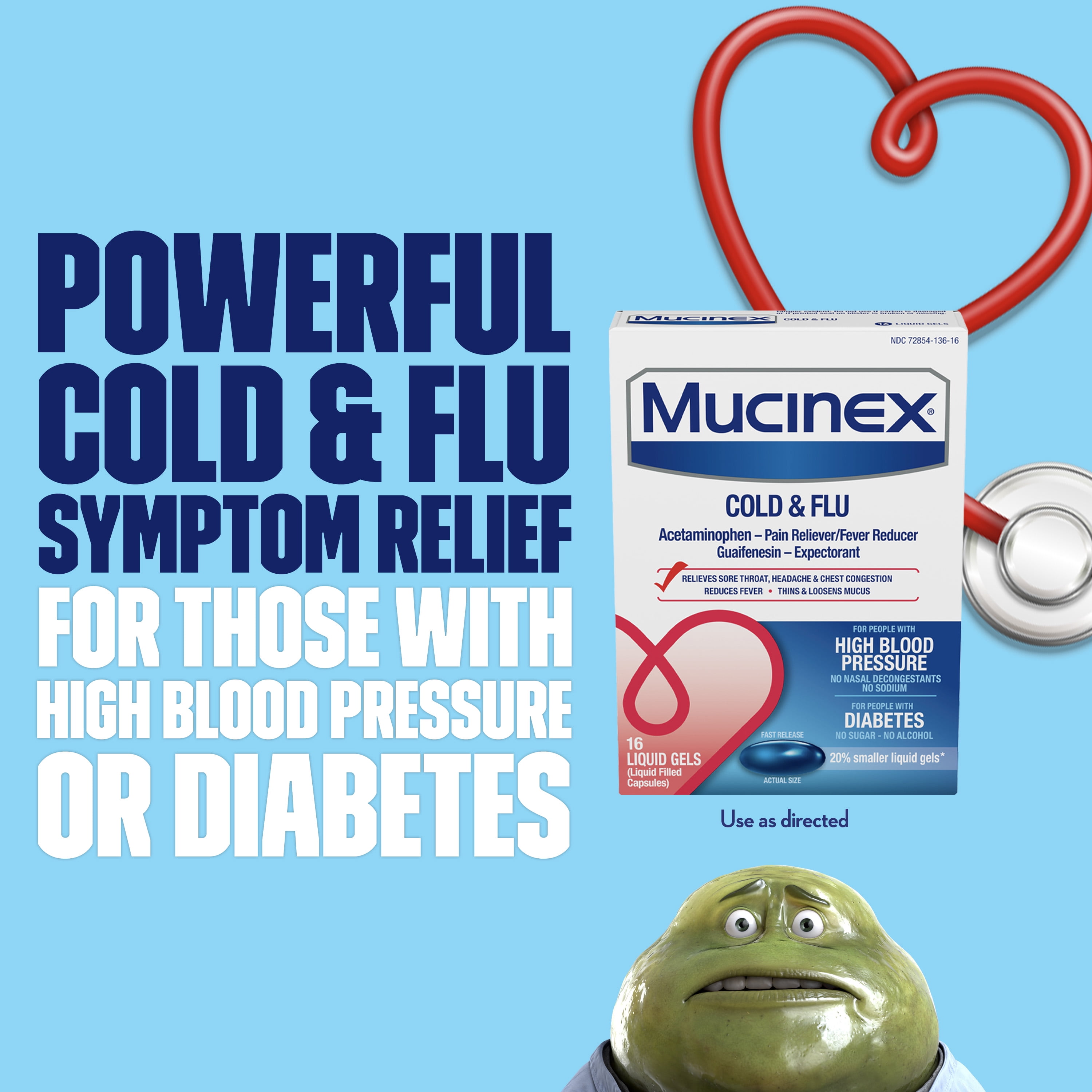 (2 pack) Mucinex Cold & Flu Fast Release Liquid Gels for people with High Blood Pressure & Diabetes, 16ct.