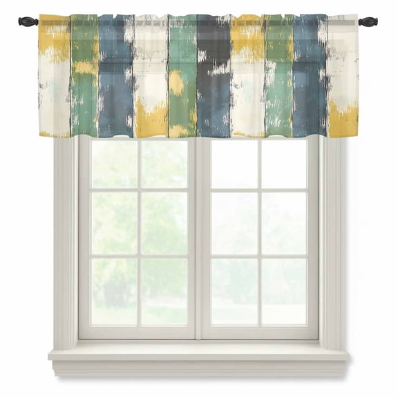 Green Yellow Blue Abstract Valance Curtains for Kitchen/Living Room/Bathroom/Bedroom Window, Rod Pocket Small Topper Half Short Window Curtains Voile Sheer Scarf, Modern Abstract Art Color 42"x18"