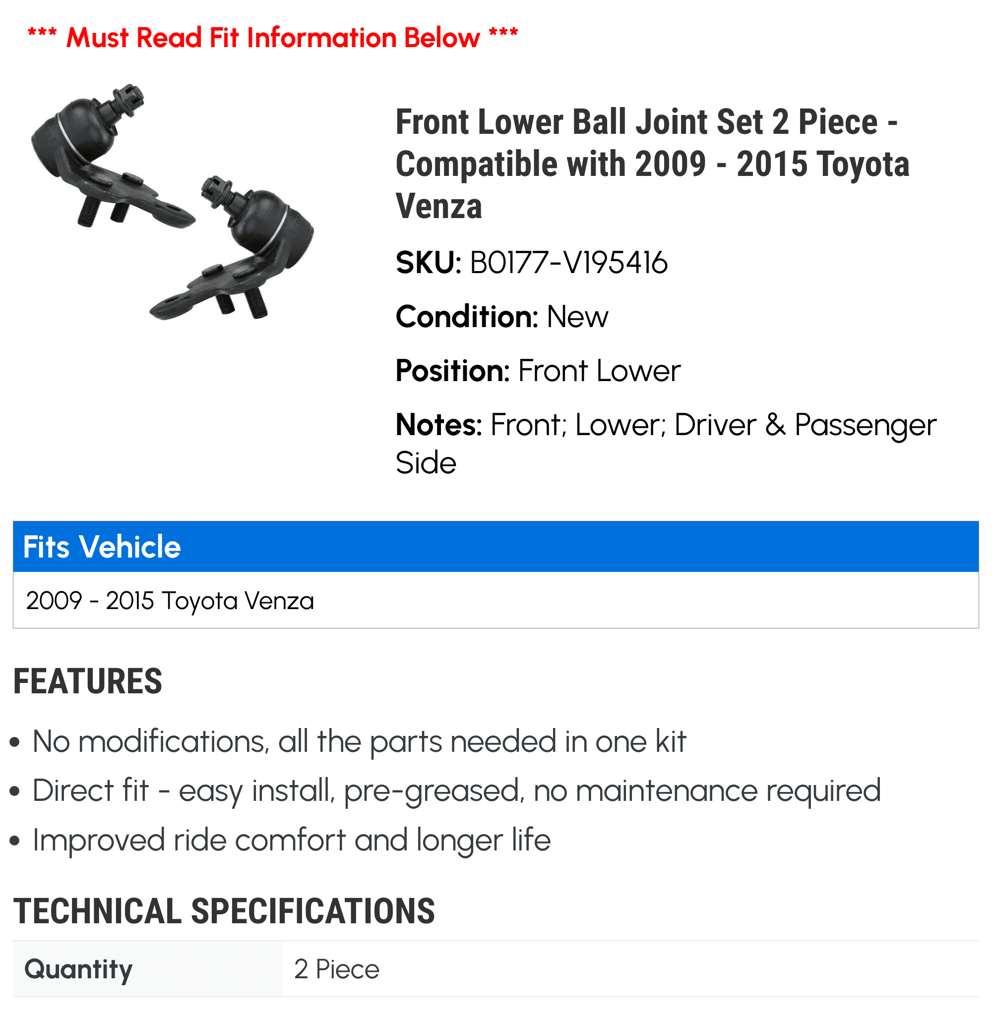 Front Lower Ball Joint Set 2 Piece - Compatible with 2009 - 2015 Toyota Venza 2010 2011 2012 2013 2014