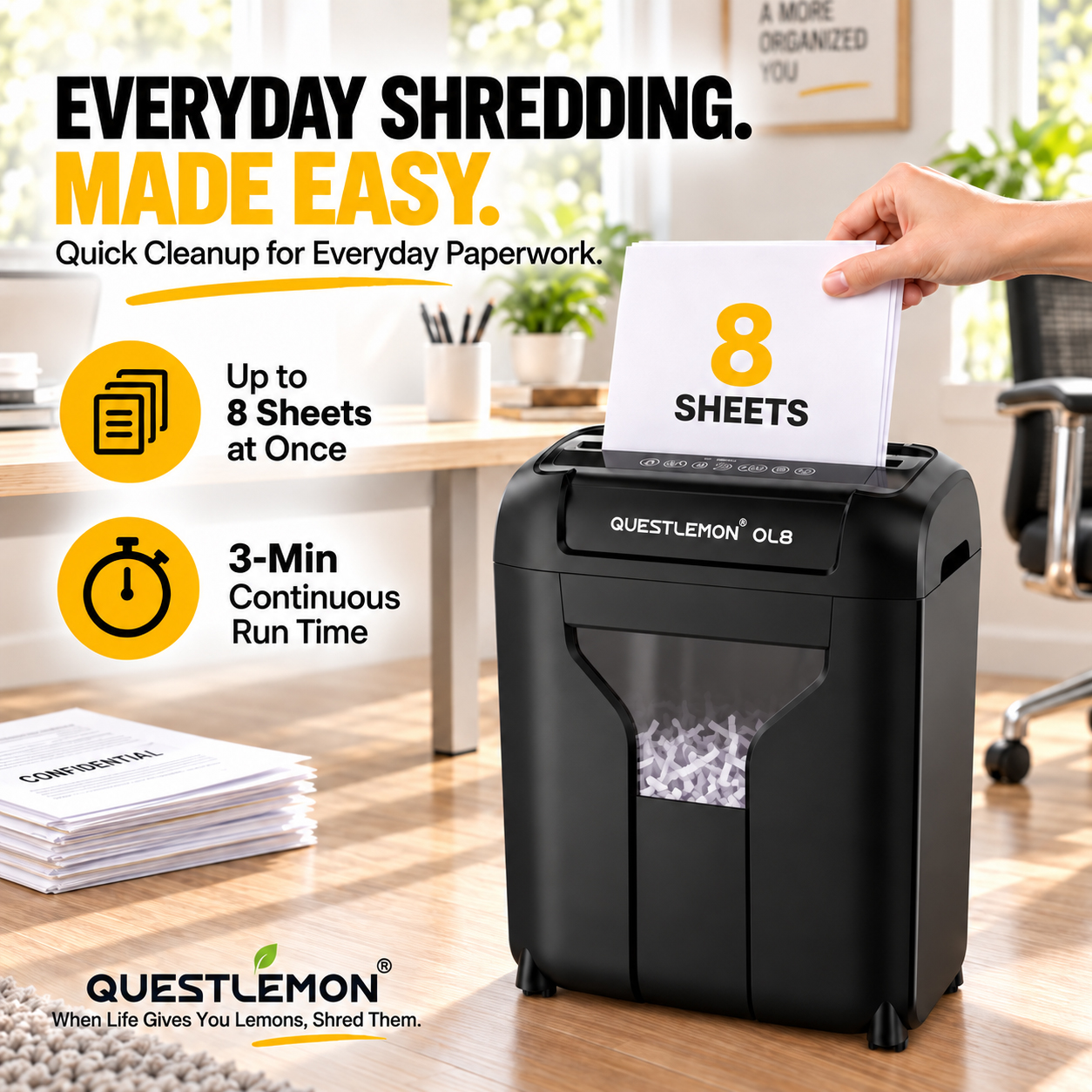 QUESTLEMON 8-Sheet Cross-Cut Paper Shredder with 4-Gallon Bin photo 5