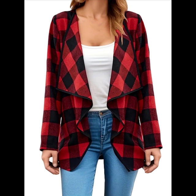 Chaqueta de Solapa A Cuadros con Abertura Frontal para Mujer, Camisas de Larga para Mujer, Chaquetas Ligeras Informales para Otoño. Rojo XXL