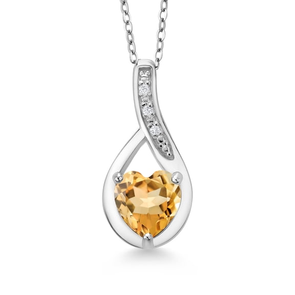 Gem Stone King 925 Sterling Silver Yellow Citrine and White Lab Grown Diamond Necklace for Women (1.02Cttw, GemstoneNovember Birthstone, Heart Shape 7X7MM, with 18 inch Chain)