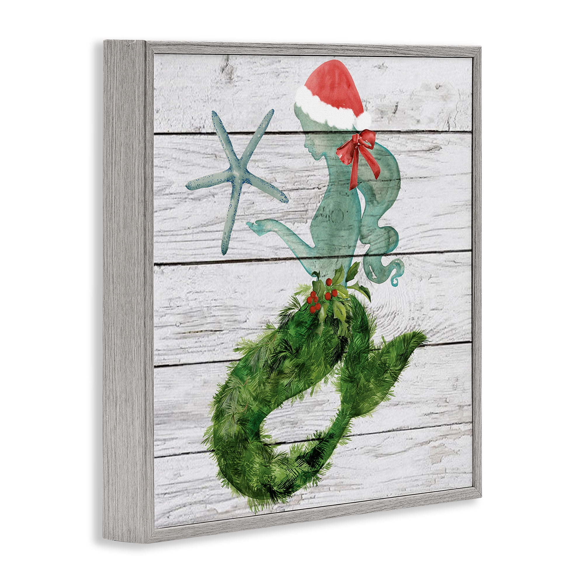 Stupell Industries Christmas Mermaid & Winter Holly Nature Painting Gray Framed Art Print Wall Art, 24 x 24