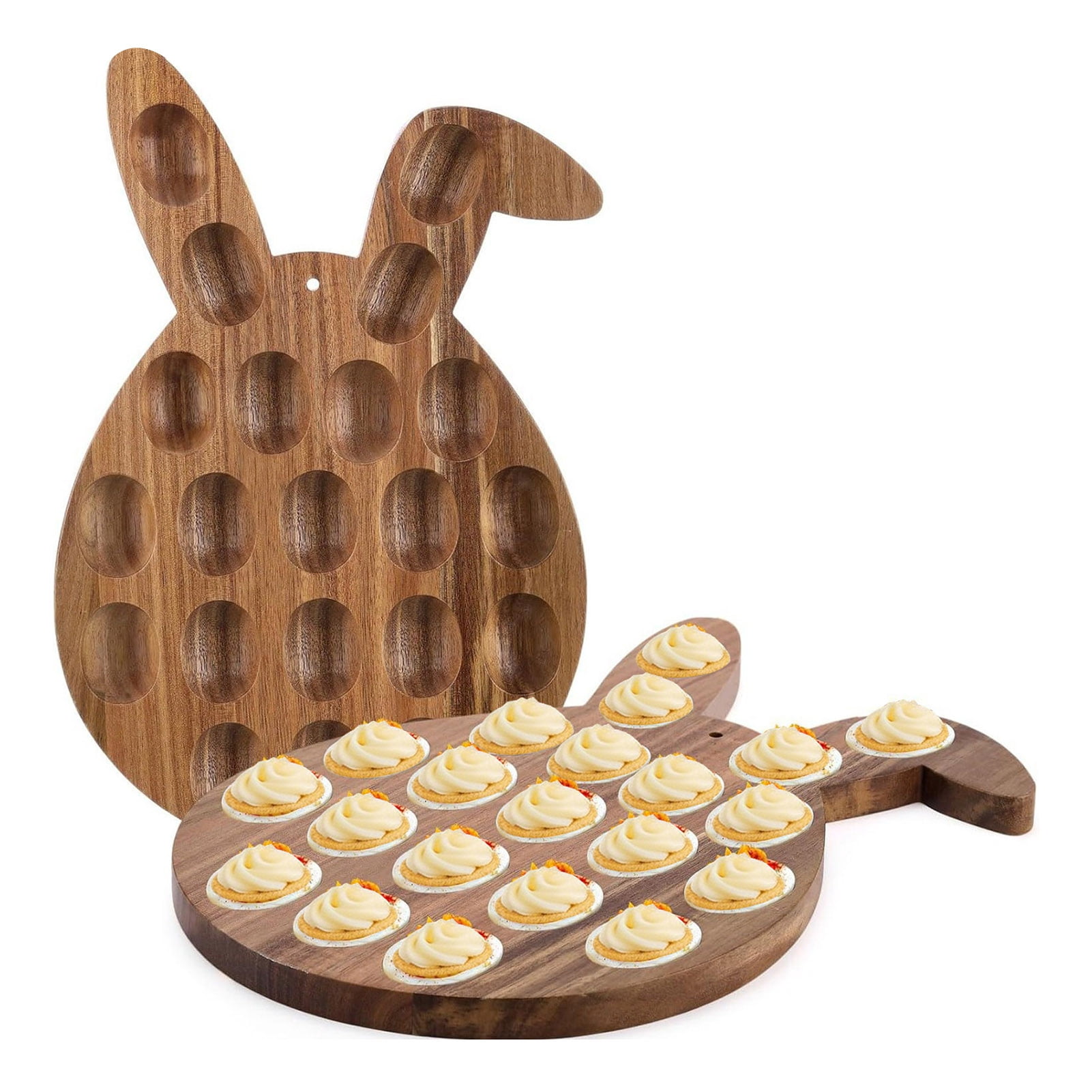 YIFAEUX Easter Deviled Egg Platter Bunny Shape Wooden Serving Tray 21 Holes Deviled Eggs Holder Serving Platter for Easter Party Spring Holiday