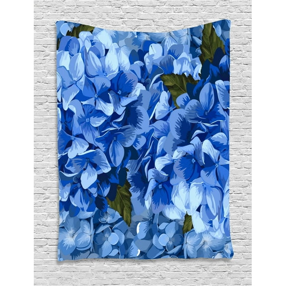Vintage Blue Tapestry, Bundles of Blue Hydrangea Hortensis Flower Realistic Design, Wall Hanging for Bedroom Living Room Dorm Decor, 60W X 80L Inches, Blue and Dark Olive Green, by Ambesonne