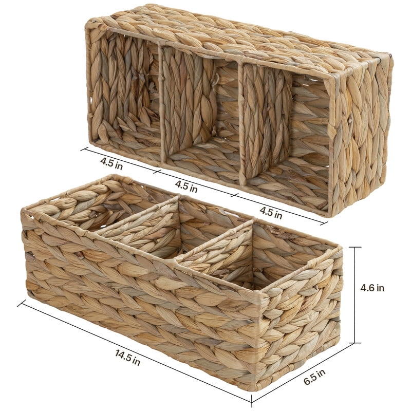 CHOSHOME 3 Section Water Hyacinth Baskets for Shelves, Wicker Storage Baskets for Organizing, 14.5"x 6.5"x 4.6", 2 Pack