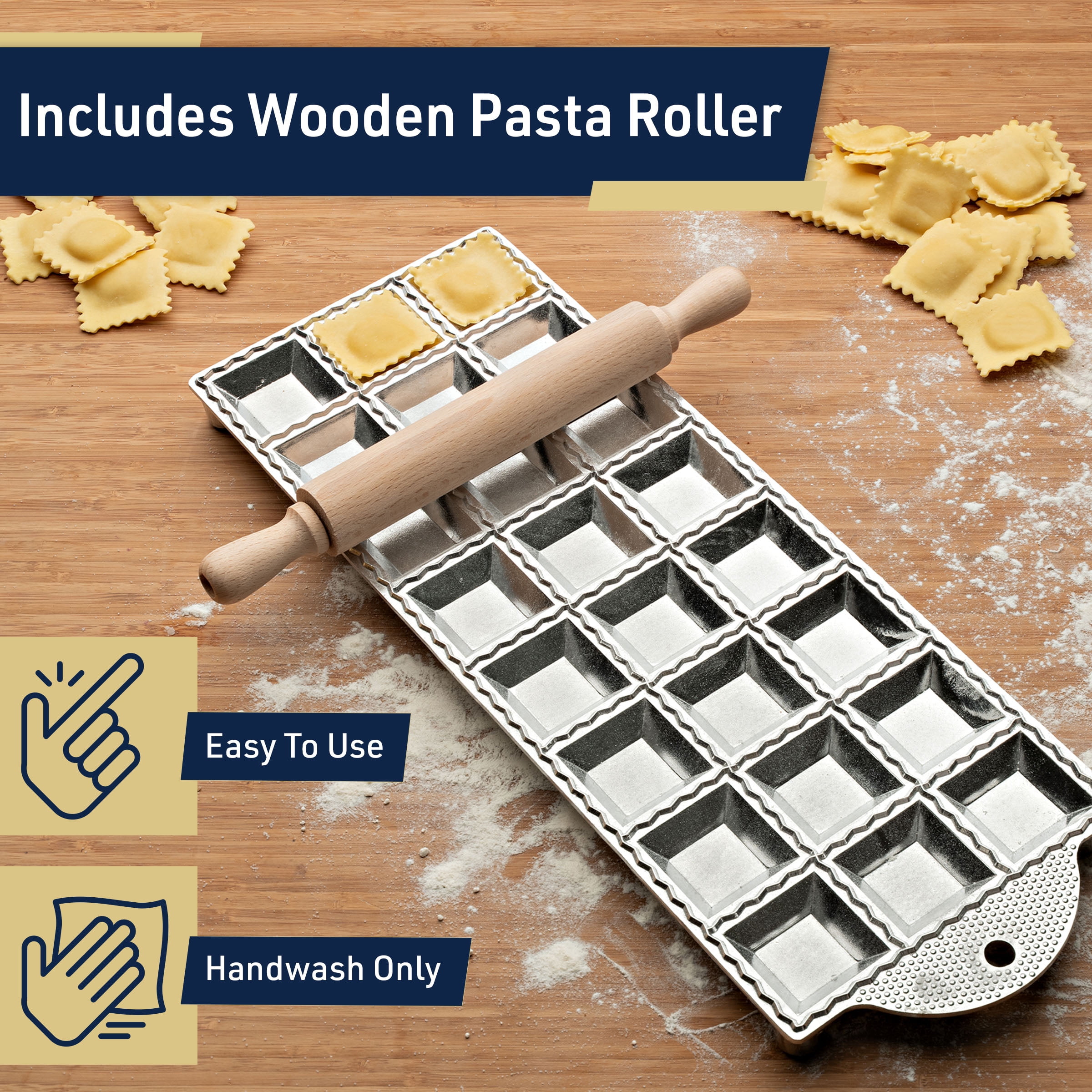 Kings County Tool Square Ravioli Maker Mold | Produce 2” Square Shape | Easy to Use | Wooden Pasta Roller Included | Non-Slip Rubber Foot Insert | Kitchen Necessity | Made in Italy