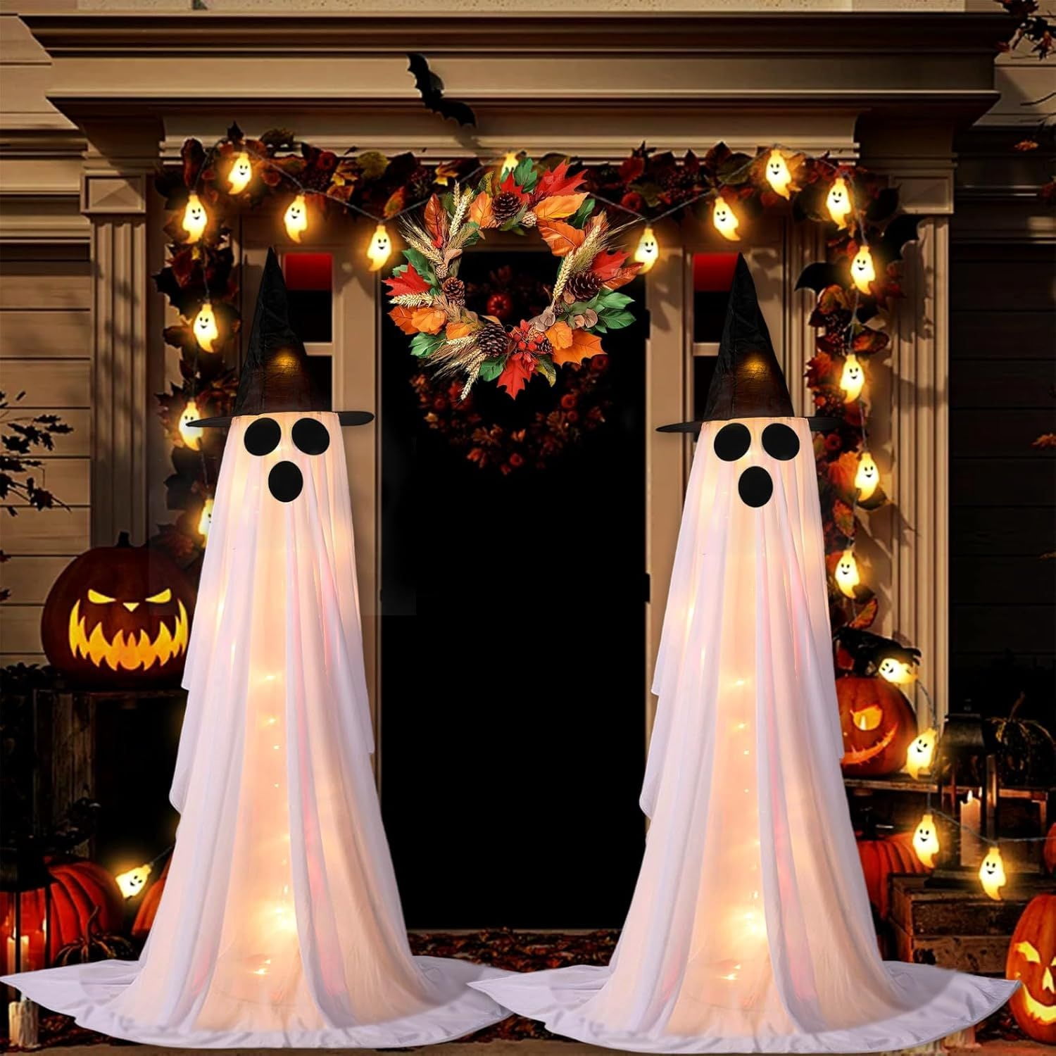 2 Pack Light Up Ghost Decorations with Remote Control Timer for Outdoor Halloween Yard
