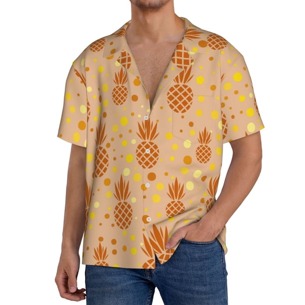 Fotbe Pineapples Camisa Estampada de Manga Corta para Hombre, Casual de Verano, Estilo Playero, Sin Arrugas-Large