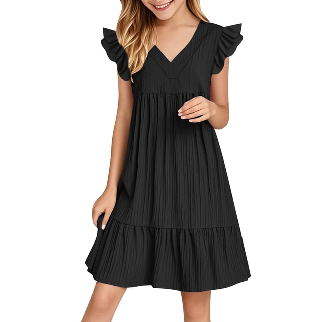 Summer Dress for Girls with Double-Layer Ruffle Sleeves, Smocked Bodice, Flowy Silhouette, V-Neck Design, Polyester Fabric, Black