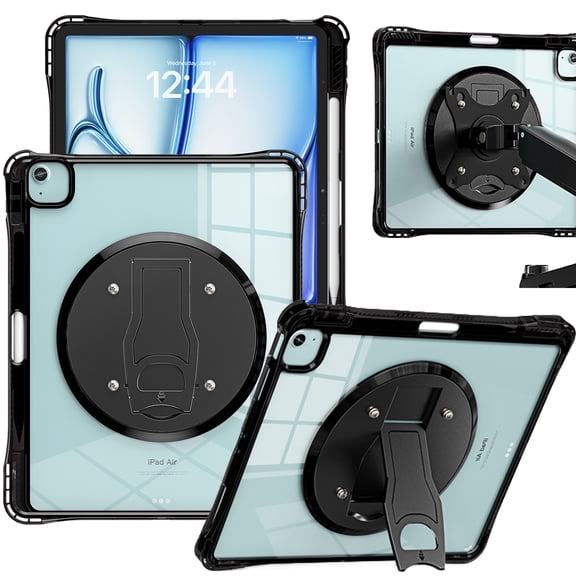Decase Heavy Duty Hybrid Case for iPad Air 13 Inch Case M3 2025/M2 2024,Shockproof Clear Back Cover,VESA 75×75 Compatible,Rugged Stand Cover for iPad Pro 12.9 2022/2021/2020,Black