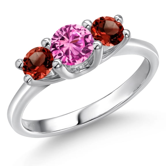 Gem Stone King 14K White Gold Pink Created Sapphire & Red Garnet 3-Stone Engagement Ring | 1.29 Cttw | Round 5MM and 4MM | Three Stone Wedding Anniversary Promise Ring for Women (Size 8)