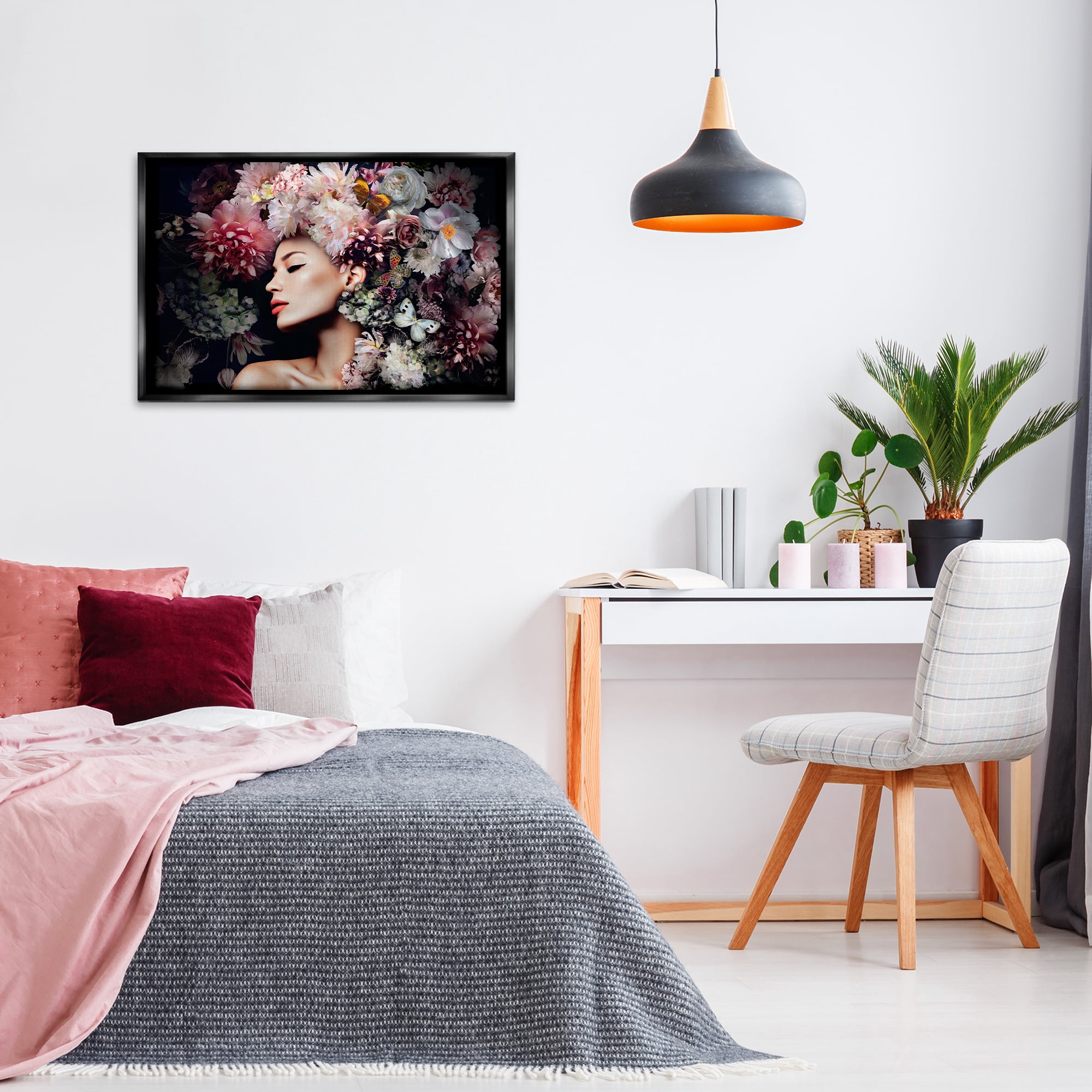Stupell Industries Nature Florals Female Portrait Plants & Flowers Painting Black Floater Framed Canvas Art Print Wall Art, 31 x 21