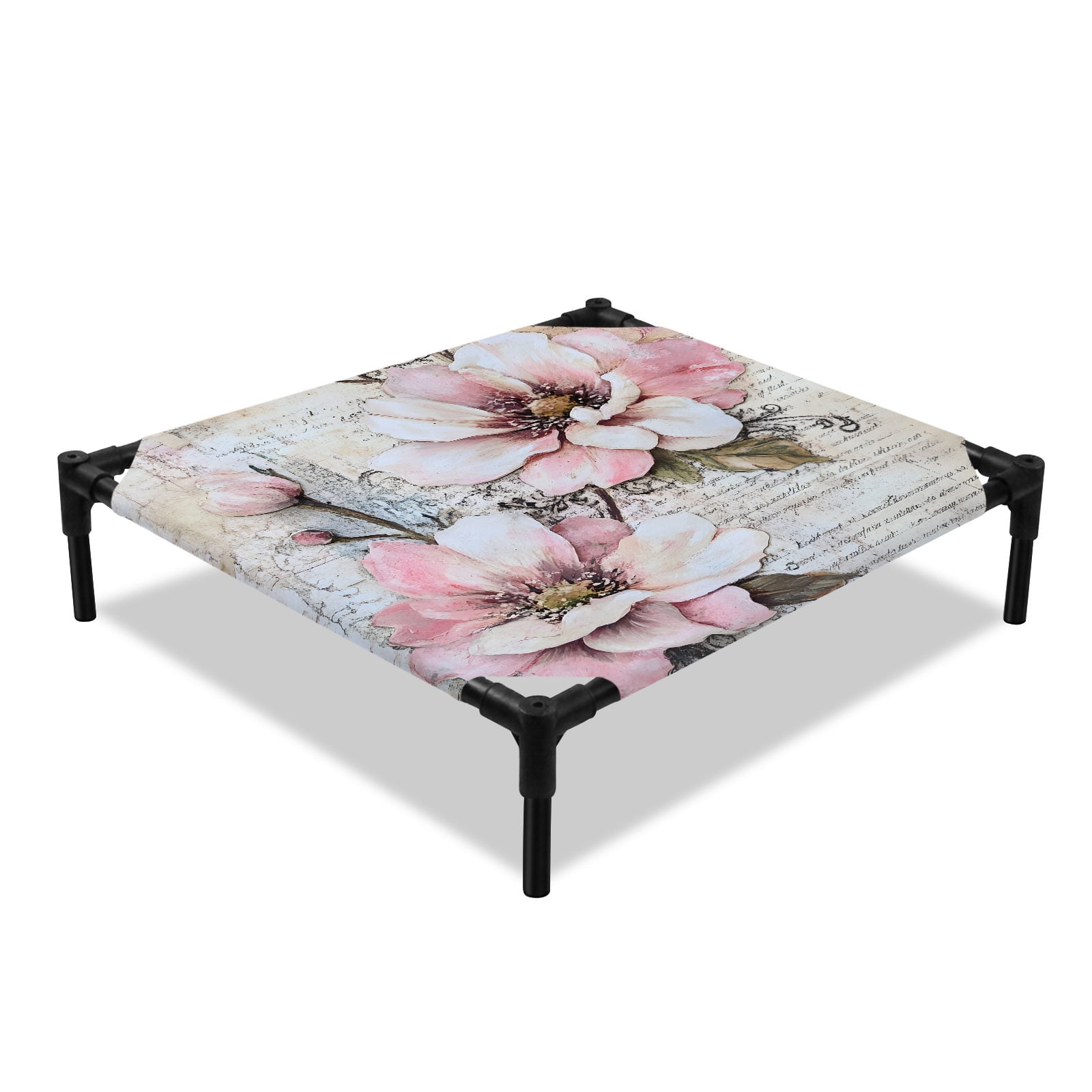 Spring Florals Elevated Dog Bed Vintage Watercolor Gradient Pink White Floral Newspaper Texture Cooling Breathable Outdoor Raised Dog Cot Bed with Metal Frame Non-Slip Feet for Small Dog 20x20in