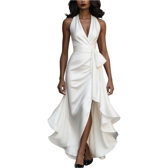 Asymmetrical Hem Slip Dress, Sleeveless V-Neck Maxi or Mini Dress, Modern and Artistic Dress for Summer Parties, Vacations, and Photo Shoots. White 2XL