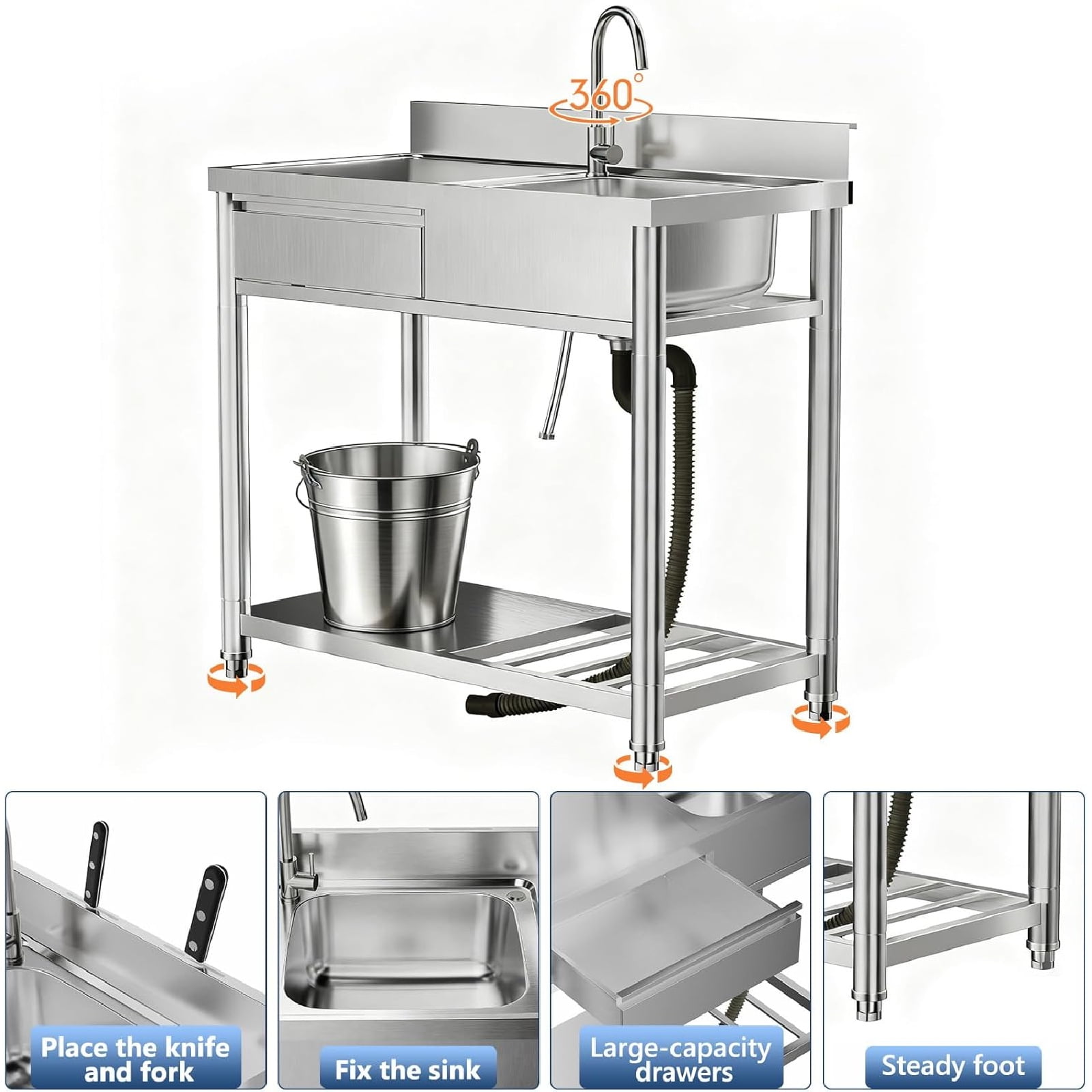 304 Stainless Steel Utility Sink, 39" Free Standing Single Bowl Restaurant Outdoor Kitchen Sink with Workbench, Knife Rack, Drawer, Storage Shelf & 360° Hot and Cold Faucet for Kitchen, Laundry Room