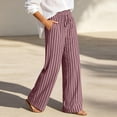 thumbnail image 5 of Yxbdin Striped Print Linen Pants for Women Elastic Drawstring High Waist Long Pants Comfortable Relaxed Fit Casual Trousers Everyday Daily Wear, 5 of 9