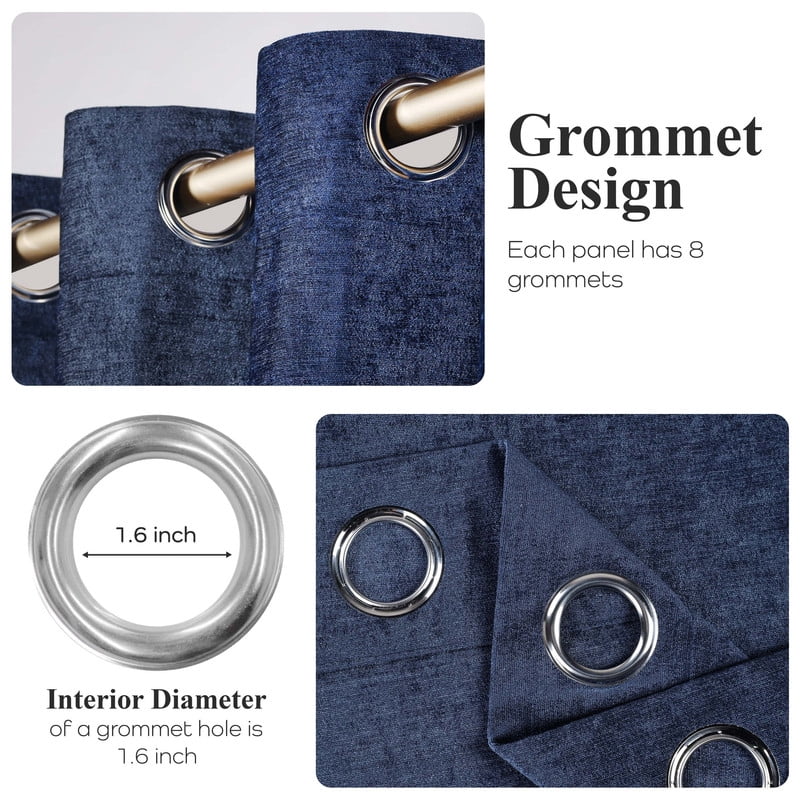 Superior Noor Semi-Blackout Chenille Curtains Set of 2, Room Darkening Curtain Panel Pair, Navy Blue, 52"W x 108"L