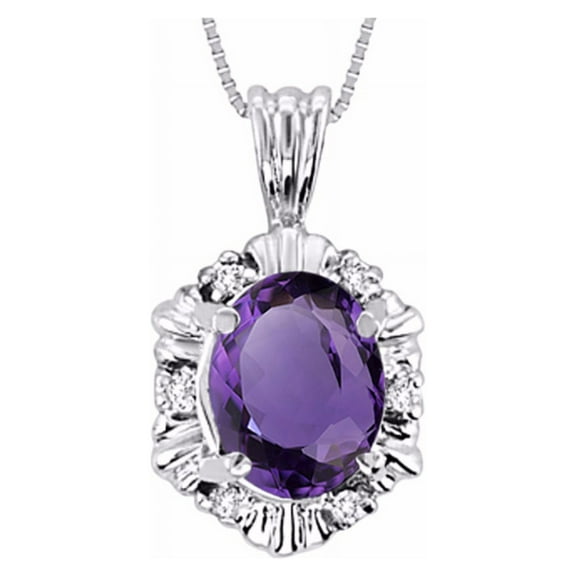 Rylos 14K White Gold Halo Pendant Necklace: 9X7MM Amethyst & Sparkling Diamonds - 18" Chain Exquisite Birthstone Jewelry