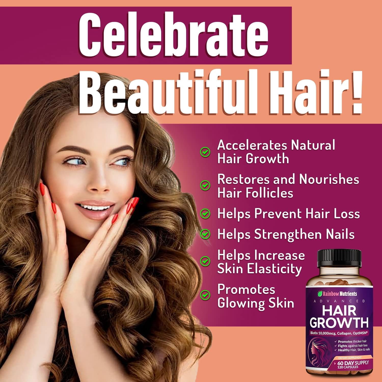 Hair Growth Vitamins for Women , Biotin 10,000mcg, Collagen, Patented OptiMSM , goMCT , Saw Palmetto , Naturally Regrow Stronger & Healthier Hair, Skin and Nails , Stops Hair Loss , 60 Day Supply