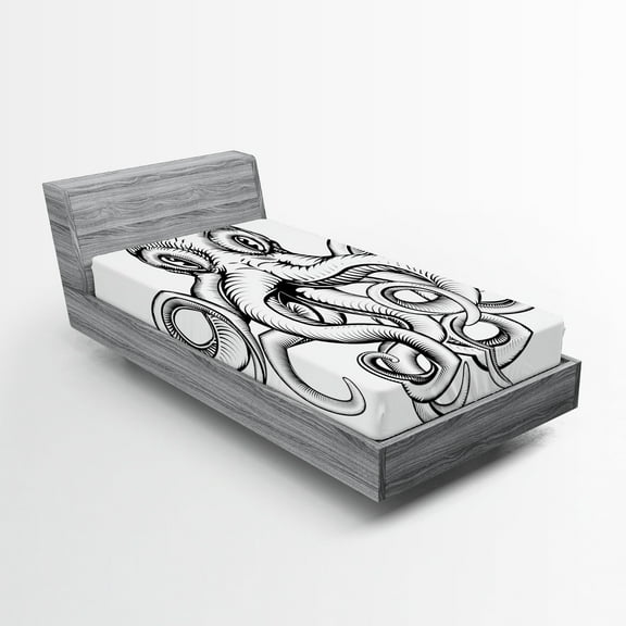 Ambesonne Octopus Fitted Sheet, Sketch Monochrome Art, Twin XL Size, Brown White