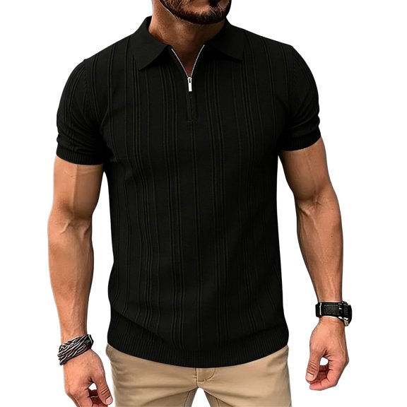 Ceisia Men's Ribbed Knit Polo Shirt Short Sleeve Half Zip Neck Casual Slim Fit Knitwear Black M Gifts for Father