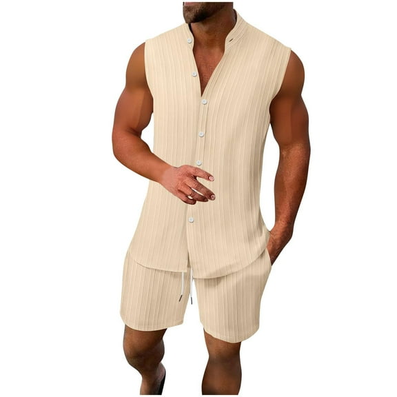 Xzbqbs 2 Piece Summer Sets for Men Sleeveless Button Down V Neck Striped Shirt Matching Shorts Sets Casual Stylish Beach Outfits