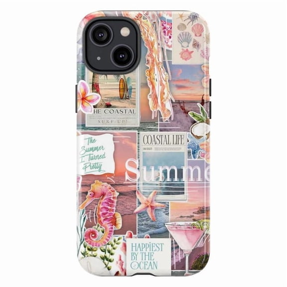 Coastal Summer Collage Phone Case, Beach Sunset & Seahorse Art, Ocean Life iPhone Cover for iPhone 16 15 14 13 12 11 Plus Pro Max Mini