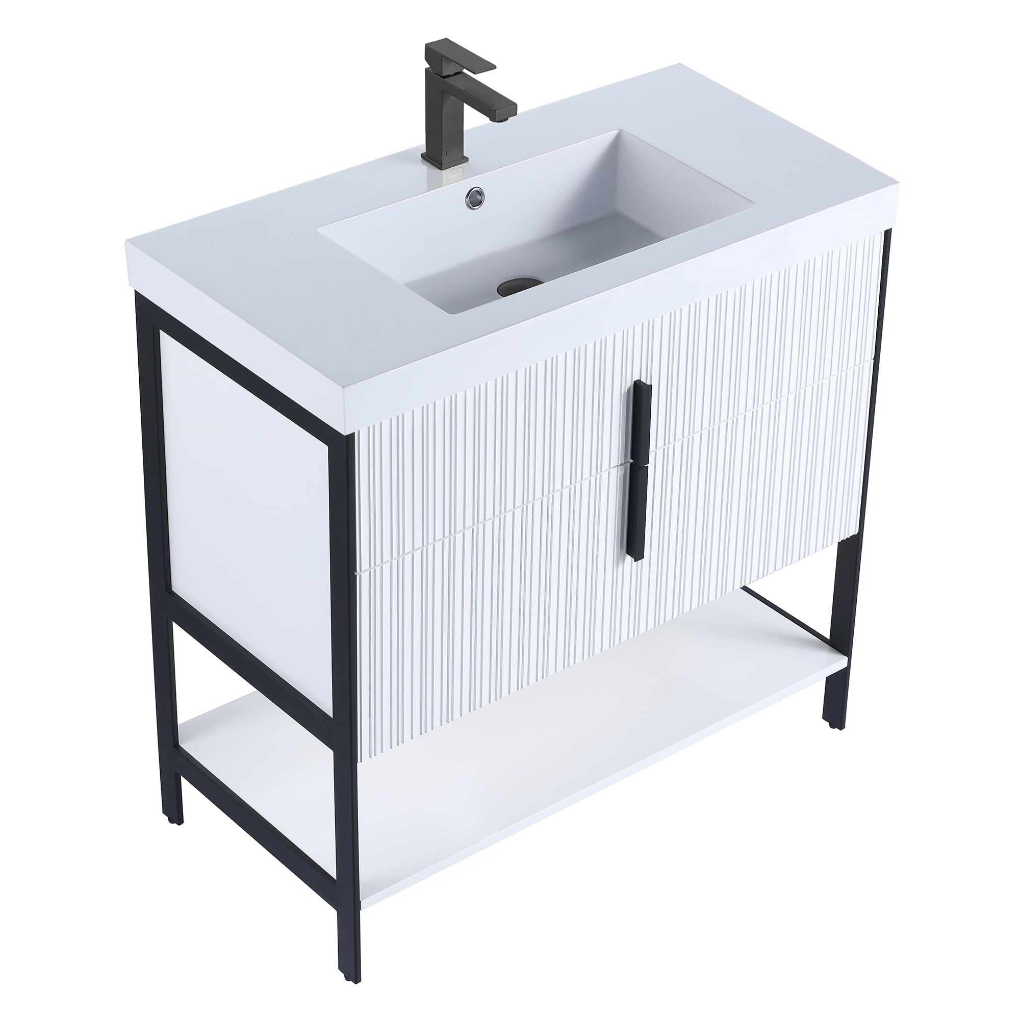 Fine Fixtures Serenity 36 in. W x 18 in. D x 33.5 in. H Bathroom Vanity in White Matte with White Gel Coated Thick Edge Top with Black Hardware