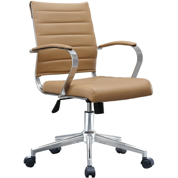 Homelala Brown Mid Century Office Chair Modern Brown Mid Back Ribbed PU