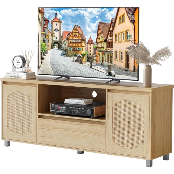 Rattan TV Stand for 70 Inch TV,Bo-hoTV Entertainment Center, Wooden TV Console with Drawer and 2 Cabinets, Media Console Cabinet for Living Room, Bedroom