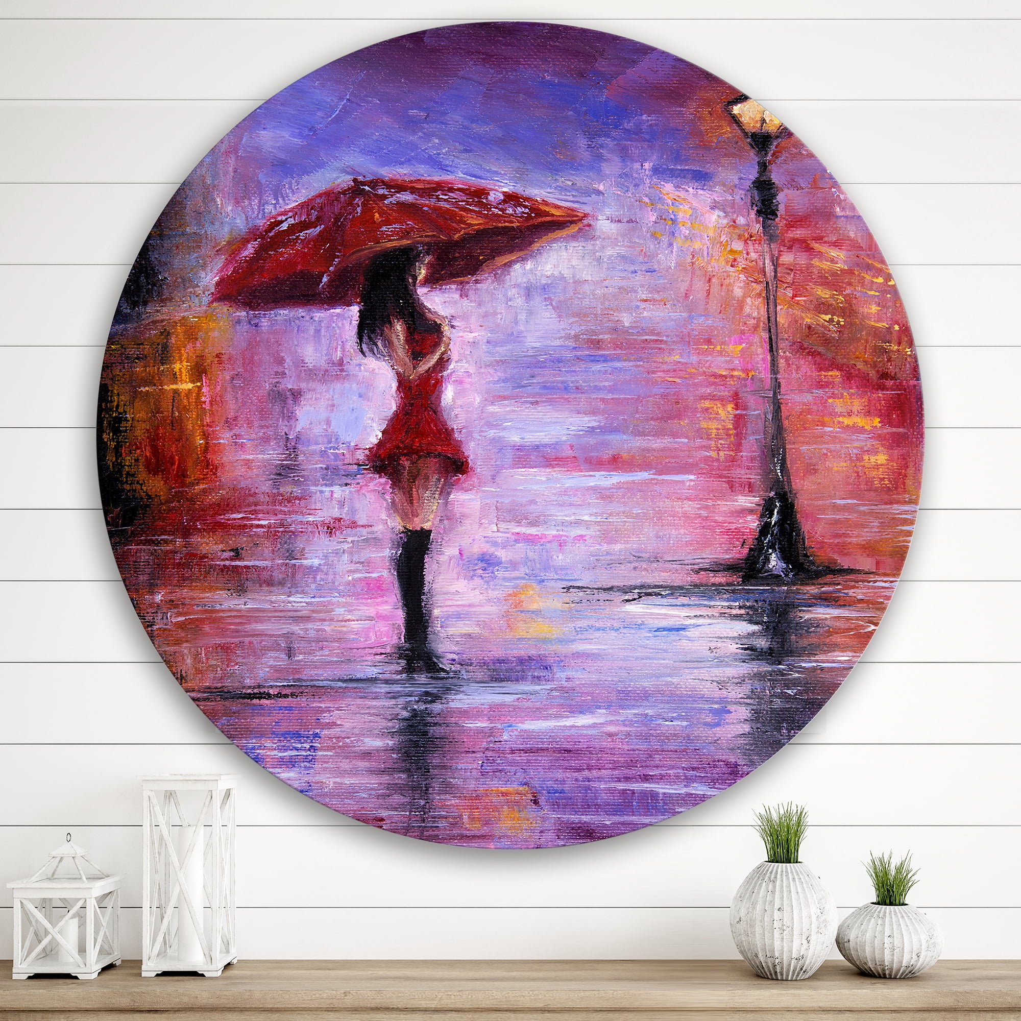 Designart 'The Girl With The Umbrella Walking In The Rain I' French Country Circle Metal Wall Art 29x29 - Disc of 29