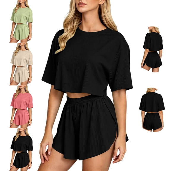 LEKWK Workout Sets for Women Short Sleeve Crewneck Crop Tops and Elastic Waist Shorts Loose Fit Solid Summer Fashion Athletic Running Gym Outfits
