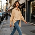 thumbnail image 4 of hoksml Women's Vertical Stripe Button Down Shirt, Smocked Cuff Oversized Pocket Blouse for Office Daily Vacation Wear, 4 of 9