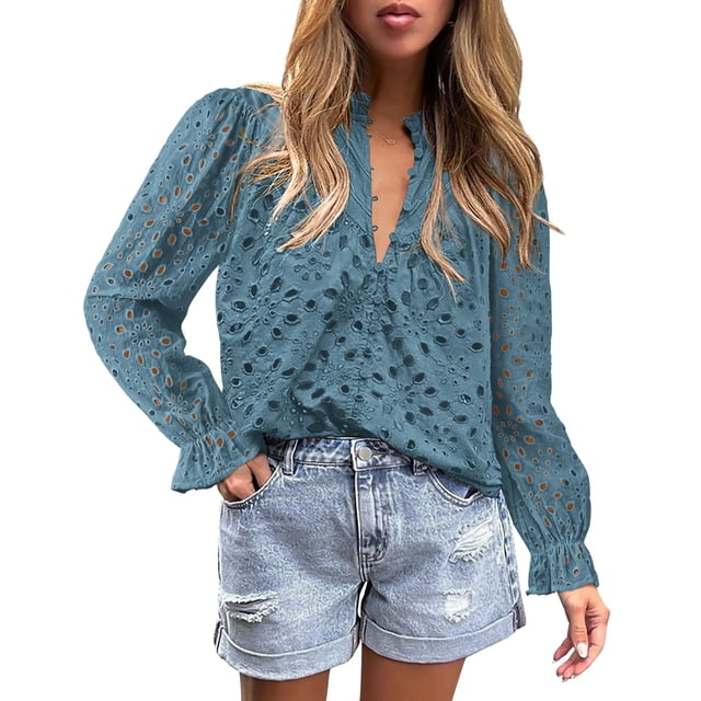 Blusa de Encaje Calada para Mujer PRETTYGARDEN Azul Niebla Talla M