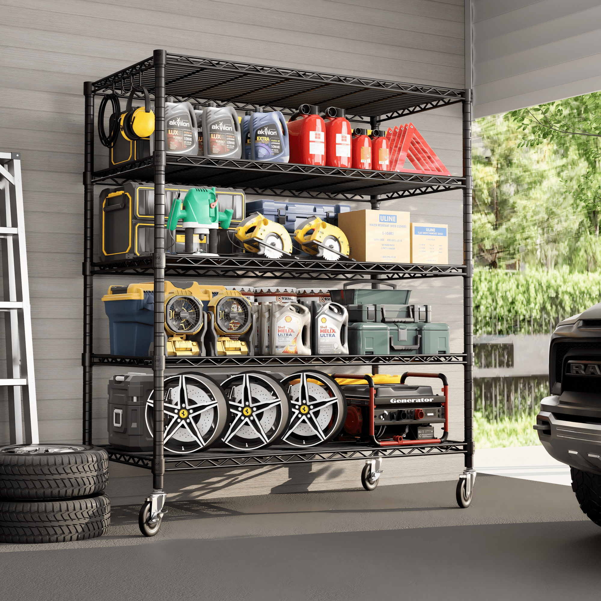 TrumanPick 5-Shelf Adjustable Heavy Duty Storage Shelves-48"W x 24"D x 76"H Metal Organizer, Garage Shelving with Wheel, Wire Shelf for Kitchen Pantry Warehouses Closets, Black