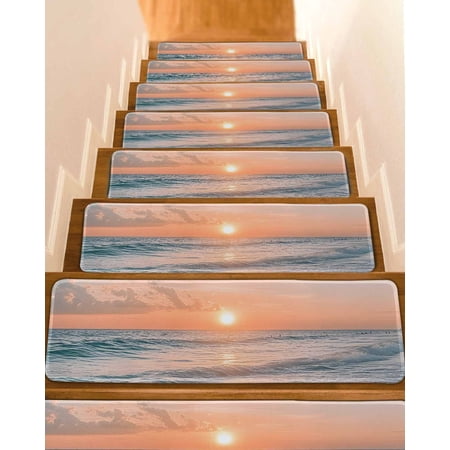 Ocean Sunset Stair Treads for Wooden Steps Indoor Runner Rug Carpet Summer Beach Shore Sky Sun Scenery 10 Pieces Peel and Stick Staircase Step Treads Covers Washable Throw Door Mats 30 x8