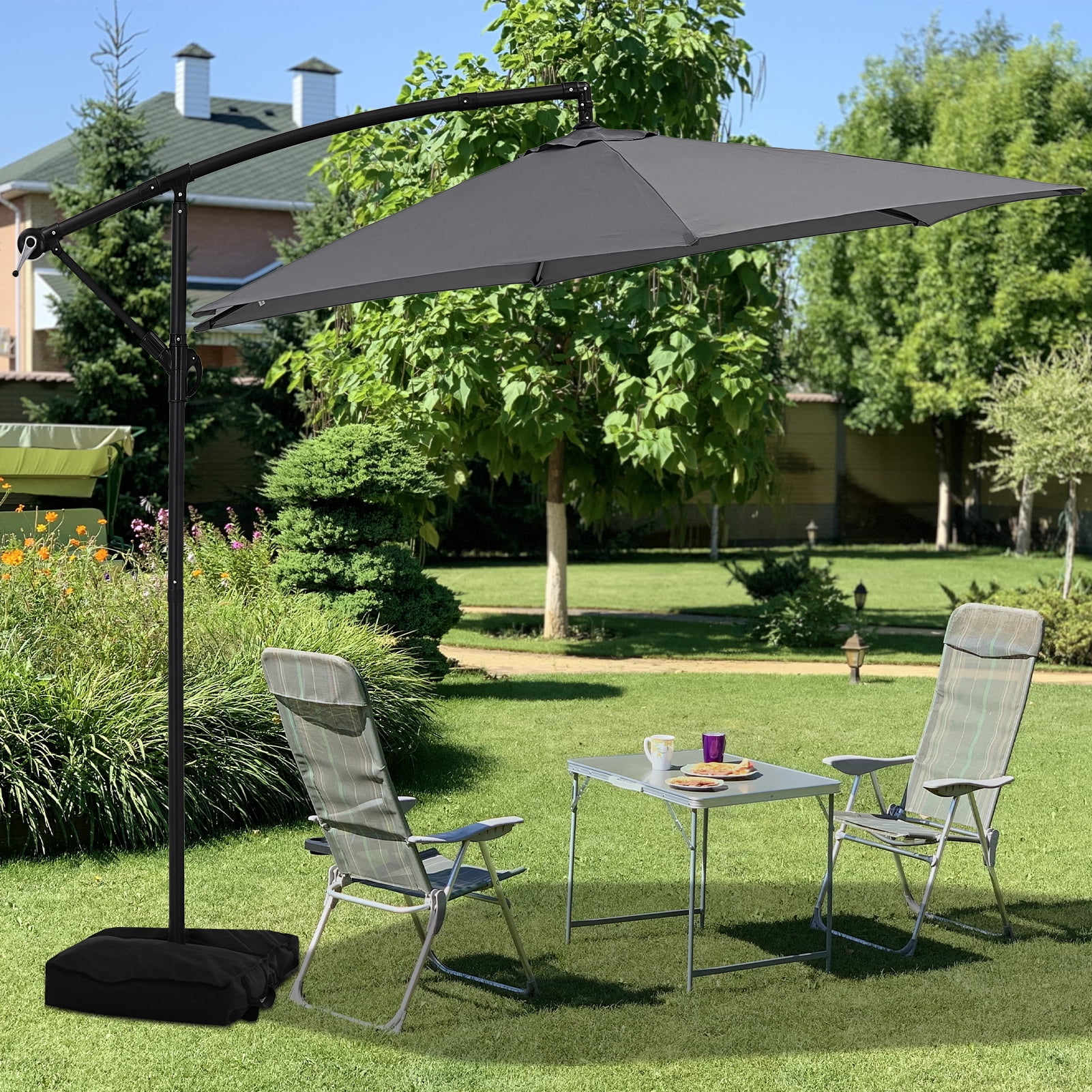 abba patio 10-feet offset cantilever outdoor hanging patio umbrella 10 Feet Safe lock and patented steel rib design extend the life of the umbrella Alyeska 10-foot Square Tan Offset