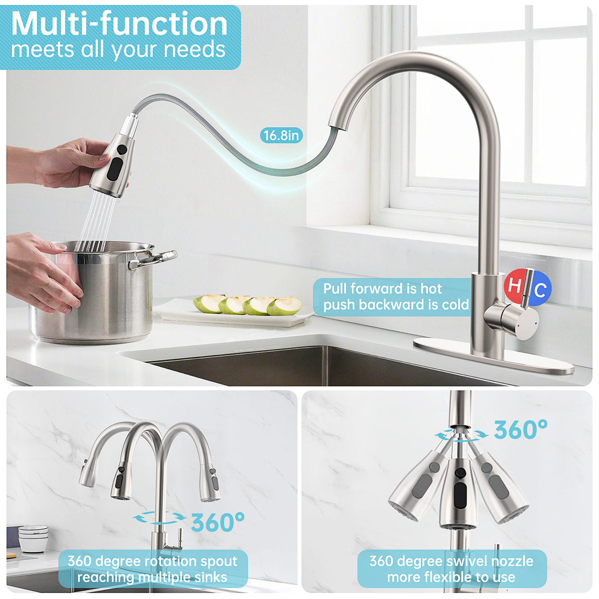 GPED Kitchen Faucet with Pull Down Sprayer, Stainless Steel photo 5