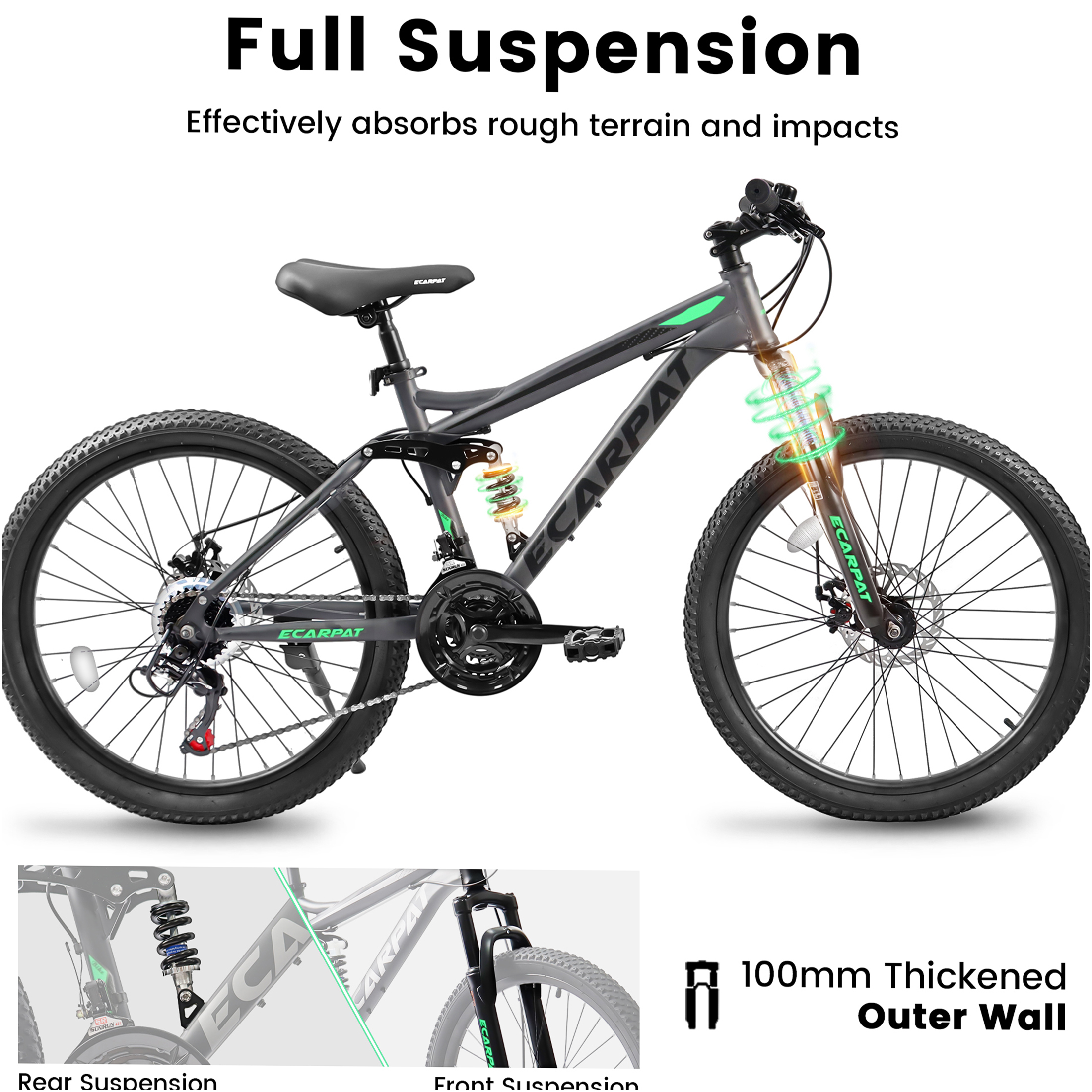 JERFIT 27.5 Inch Full Suspension Mountain Bike for Adults, 21 Speed Gears, Dual Mechanical Disc Brakes, Carbon Steel Frame, All-Terrain Bicycle for Men & Women, Grey