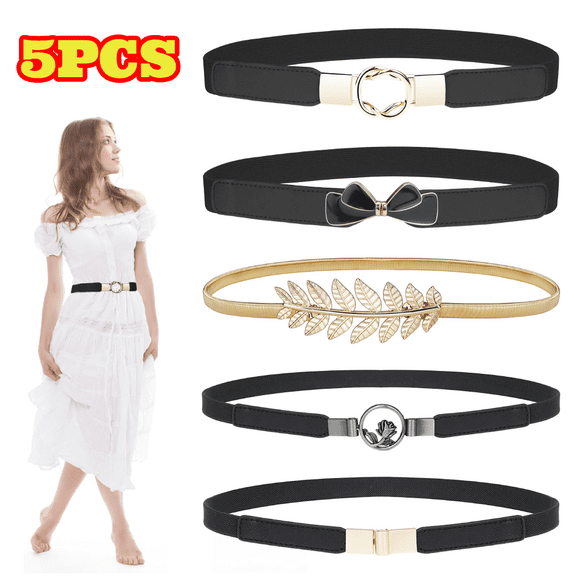 5pcs Women Skinny Belts for Dresses, Retro Stretch Waist Belt with Buckle