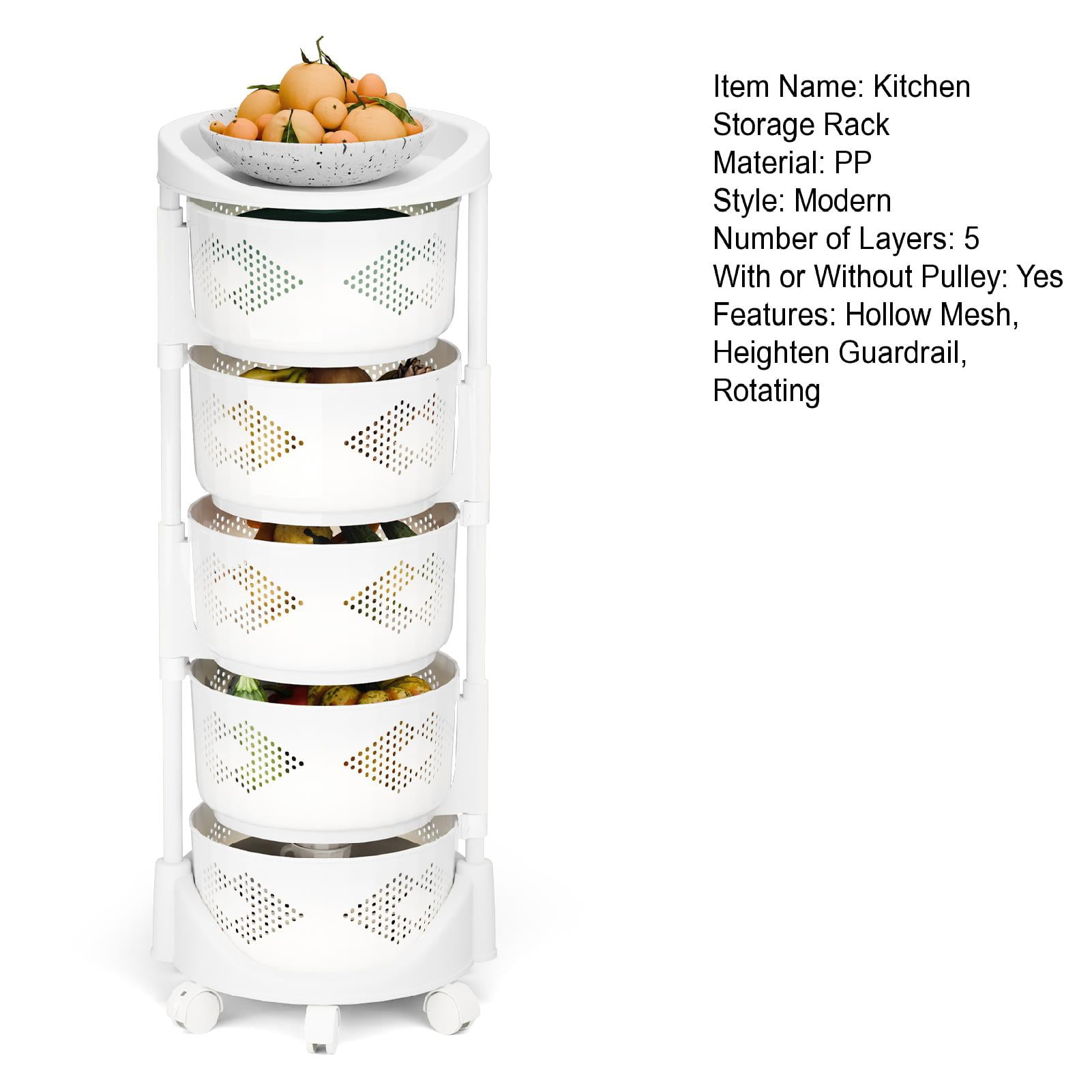 Aqzb Fruit Vegetable Storage Basket for kitchen, 5-Tier Rotating Round Plastic Baskets, PP Top & Wheels, Kitchen Storage Bins Stand Rack Cart for Onions Potatoes, Snack Rack for Living Room