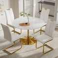thumbnail image 3 of KATBOC 5Pcs 33.86in Modern Round Marble Dining Table Set, Gold Tulip Base & Waterproof Faux 4 Leather Chairs for Ergonomic Small Space for Apartments, Breakfast Nooks, Open-Plan Rooms, White, 3 of 7