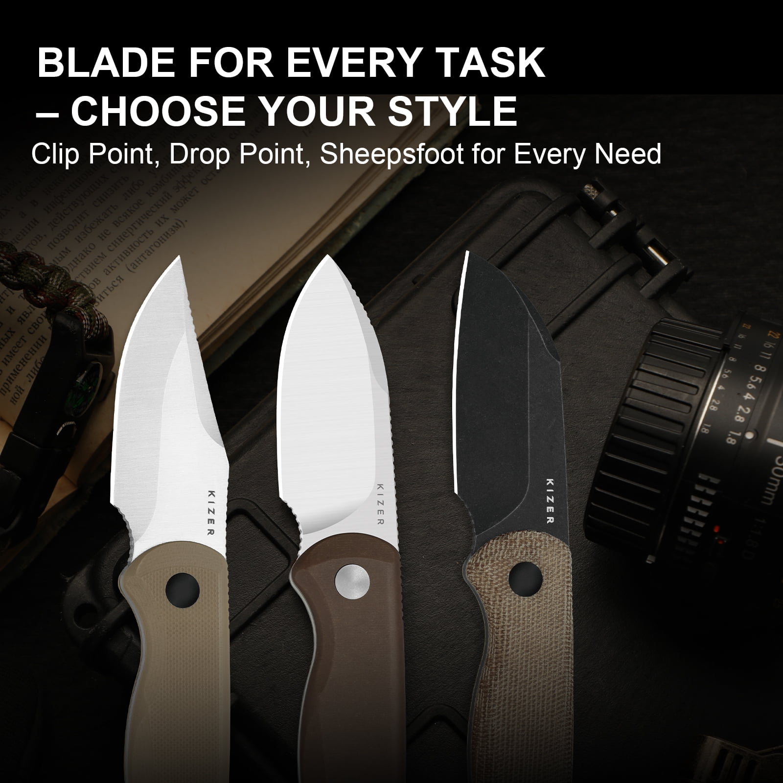 Kizer Drop Bear Fix Drop Point Fixed Knife 14C28N Blade Micarta Handle With Sheath 1094A2