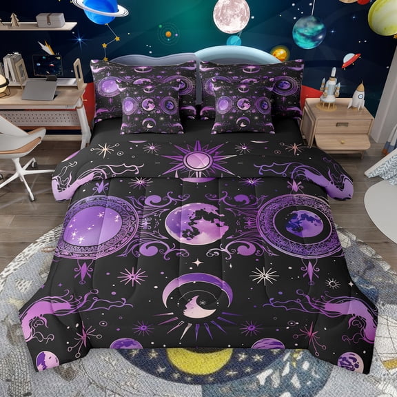Manfei Tribal Moon Sun 7pcs Bedding Comforter Set, Black Purple Bohemian Queen Bedding Sets, Vintage Western Mandala Reversible Queen Sheet Sets, Lightweight Room Decor