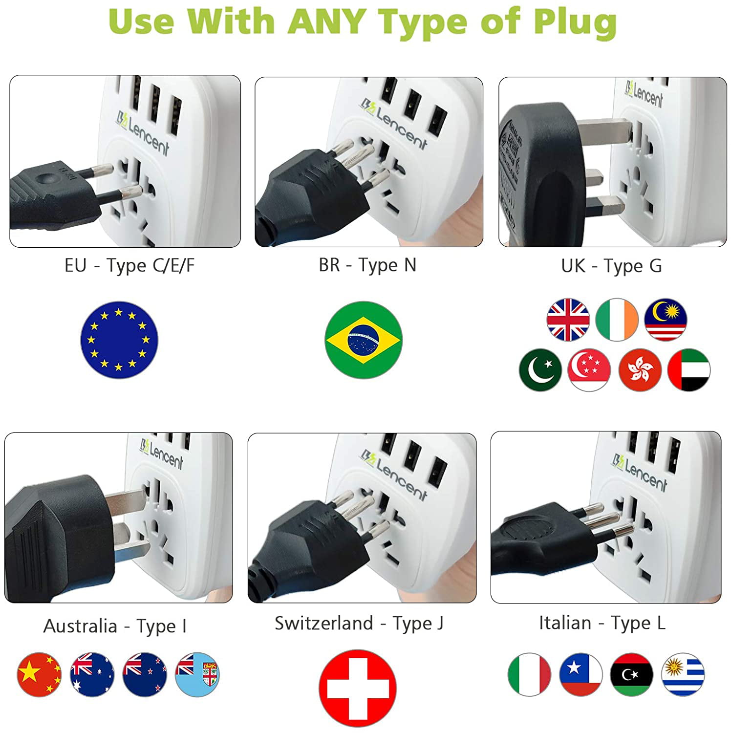 World to US Plug Adapter with 3 USB & 1 PD Type-c Quick Fast Charger Ports LENCENT Type B European EU Europe/UK/Australia/China to USA American Canada Japan Outlet Power Adaptor Travel Plug Converter 