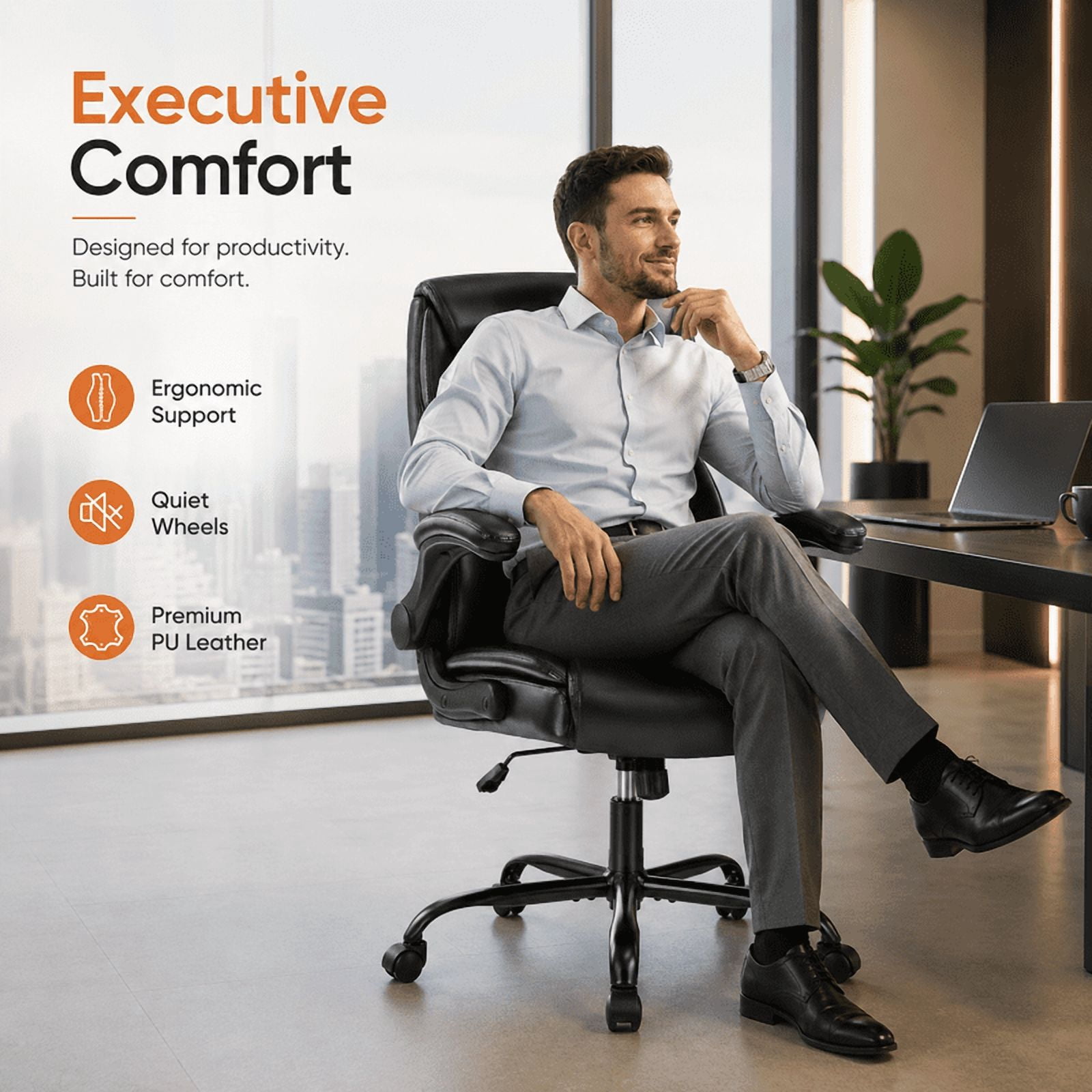 Ergonomic PU Leather Executive Office Chair, Adjustable Height Desk Chair with Lumbar Support, Wide Seat, 360° Swivel and Quiet Wheels, Black