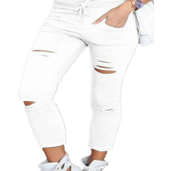 Women‘s Ripped Jeans Pencil Pants High Waisted Stretch Slim Leggings Trousers