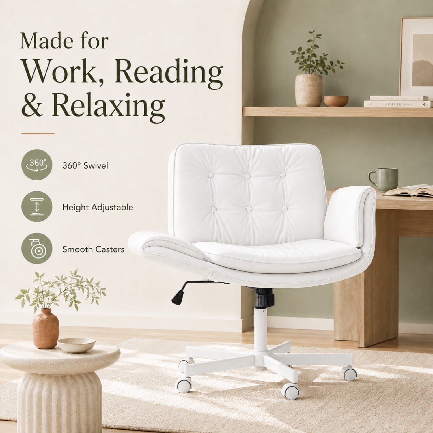 Easy4Home Criss Cross Office Chair with Wheels and Adjustable Armrests, Wide Seat PU Leather Swivel Computer Desk Chair, White
