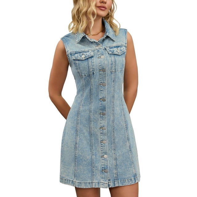 Vestido de mezclilla sin mangas para mujer Inspire Chic, con botones, corte A, mini vestido con bolsillos, azul claro, talla L